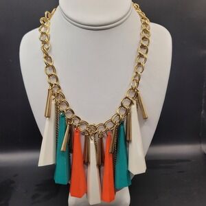 80s Art Deco Revival Orange Turquoise Gold Tone Lucite Chunky Statement Necklace